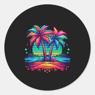 Kleurrijke Palm Trees Beach Neon Beach Funny Vakan Ronde Sticker