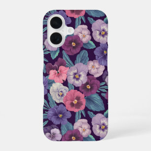 Kleurrijke pansies op diep violet iPhone 16 hoesje