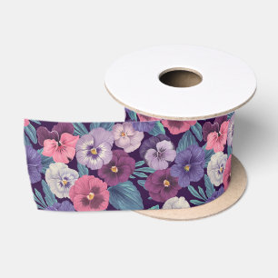 Kleurrijke pansies op diep violet lint