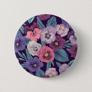 Kleurrijke pansies op diep violet ronde button 5,7 cm