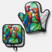 Kleurrijke papegaaien Glas in lood Ovenwant & Pannenlap Set (Voorkant / Achterkant)