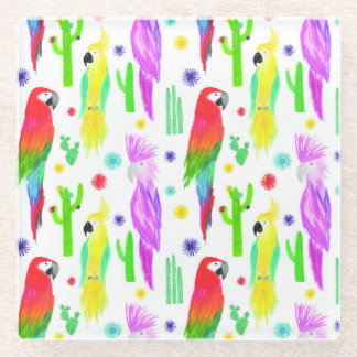 Kleurrijke papegaaien, met de hand getekend patroo glazen onderzetter