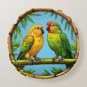 Kleurrijke papegaaien op een bamboe frame rond kussen