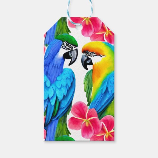 Kleurrijke parrots met tropische bloemen cadeaulabel (Voorkant)