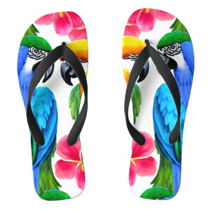 Kleurrijke parrots met tropische bloemen teenslippers