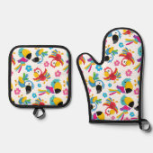 Kleurrijke parrots, tropische parrots, vogels, blo ovenwant & pannenlap set (Voorkant)