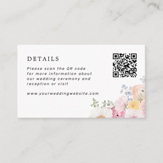 Kleurrijke Pastel Bloemen Bruiloft Details QR Code Informatiekaartje (Voorkant)