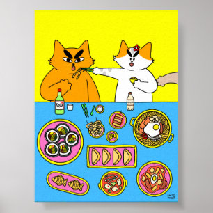 Kleurrijke Pastel Koreaanse Eten Kat Illustratie Poster