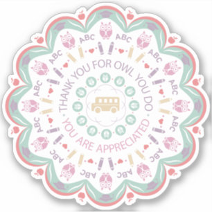 Kleurrijke pastel leraar waardering mandala uil sticker