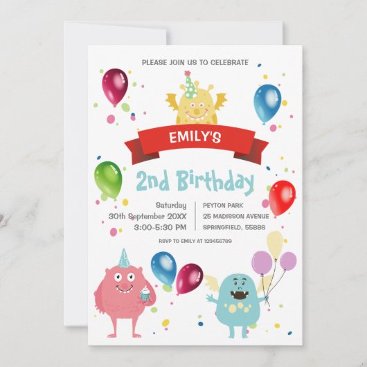 Kleurrijke Pastel Monster Bash Ballon Kinderen Ver Kaart (Voorkant)