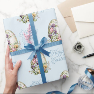Kleurrijke Pastel Paaseieren Bloemenpatroon Blauw Cadeaupapier