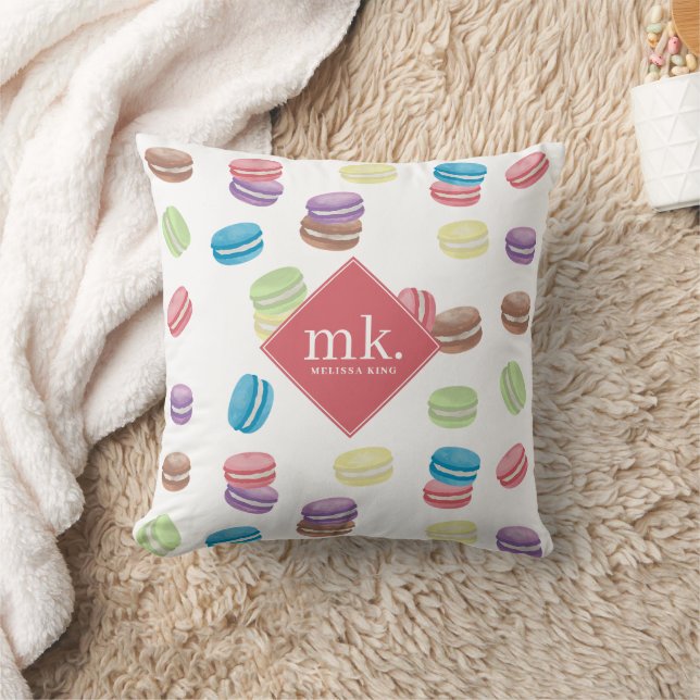 Kleurrijke Pastel Waterverf Macarons Monogram Kussen (Deken)
