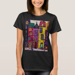 Kleurrijke Patchwork Huizen Textielkunst T-shirt