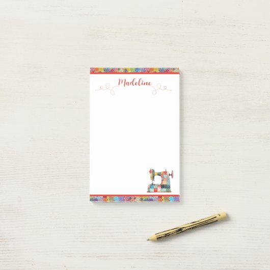 Kleurrijke Patchwork naaimachine Post-it® Notes (Op bureau)