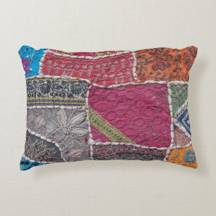 Kleurrijke Patchwork Tapijt Closeup Detail Accent Kussen