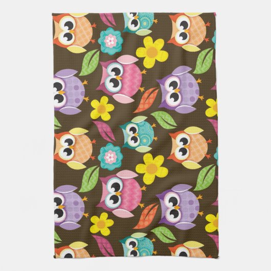 Kleurrijke Patterned Uilen en Bloemen Theedoek (Verticaal)