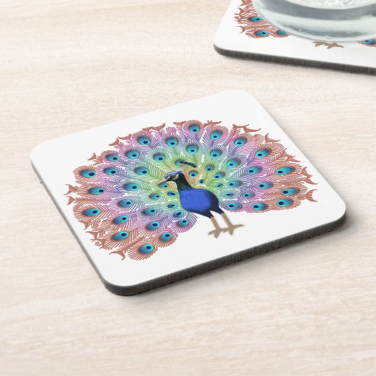 Kleurrijke Pauw Illustratie met Elegante Veer Bier Onderzetter (Linkerzijde)