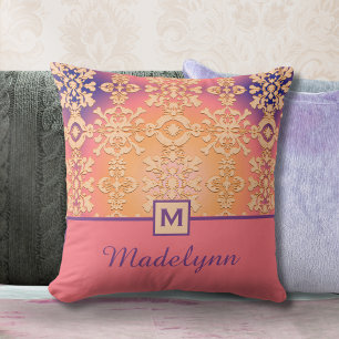 Kleurrijke Peach Paarse Damask Monogram Kussen
