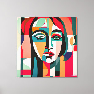 KLEURRIJKE PICASSO STIJL KUBIST PORTRET VROUW CANVAS AFDRUK