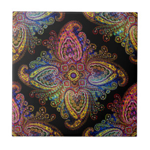 Kleurrijke Pinweel Paisley op Zwart Tegeltje