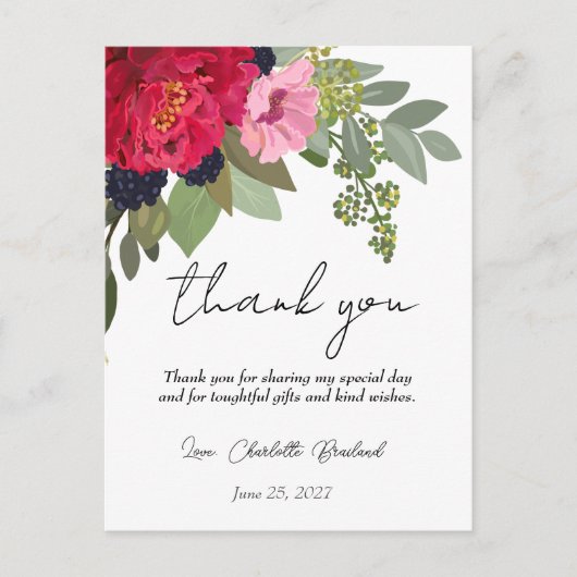Kleurrijke Pioen Bloemrijke Bruiloft Dank Je Briefkaart (Voorkant)