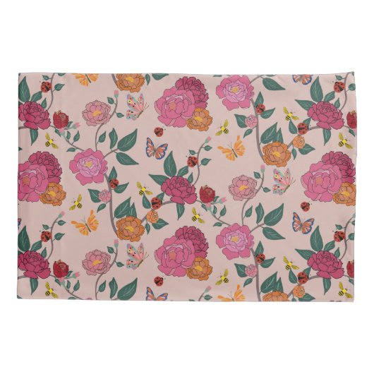 Kleurrijke pioen, vlinder, bij, dame bug & bloem kussensloop (Achterkant)