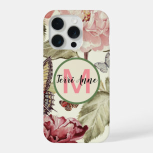 Kleurrijke Pioenbloemen en Vlinders met Initiaal iPhone 15 Pro Hoesje