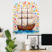 Kleurrijke Piratenschip Kunst Poster (Thuiskantoor)