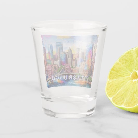 Kleurrijke Pittsburgh Skyline Abstracte kunst Shot Glas (Achterkant)