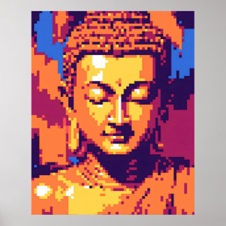 Kleurrijke Pixel Art | Mediterende Boeddha Poster