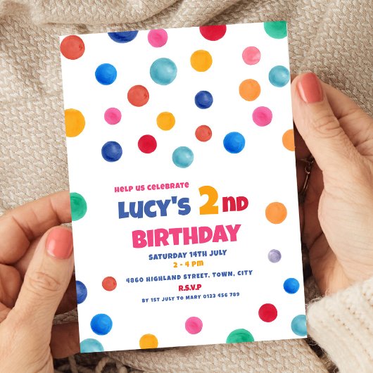 Kleurrijke Polka Dot 2e verjaardag Uitnodiging