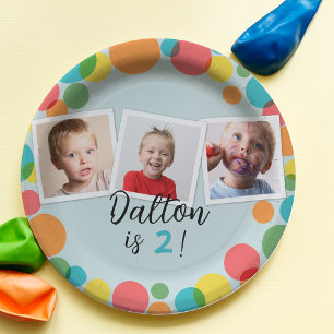 Kleurrijke Polka Dots Jongens Foto's Verjaardag Papieren Bordje