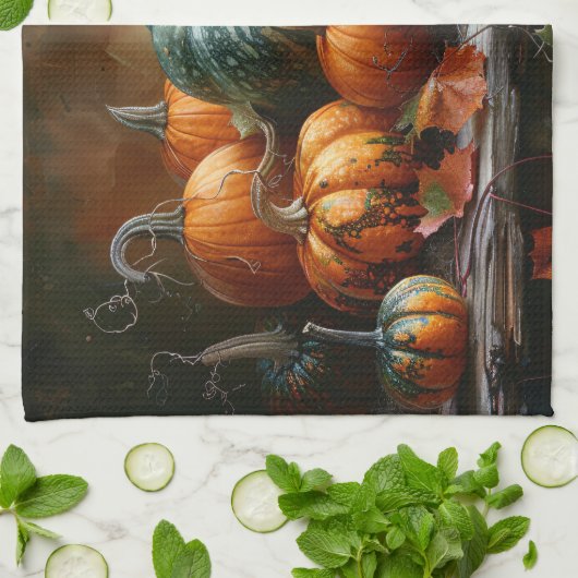 Kleurrijke pompoenen en bladeren theedoek (Gevouwen)