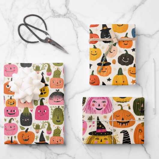 Kleurrijke pompoenen Whimsical Halloween Spooky Sc Inpakpapier Vel (Voorkant)