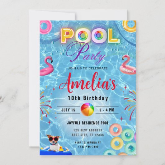 Kleurrijke Pool Party uitnodiging | Verjaardagsfee (Voorkant)