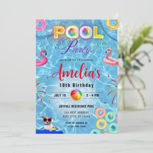 Kleurrijke Pool Party uitnodiging | Verjaardagsfee (Staand voorkant)
