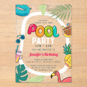 Kleurrijke Pool Party | Zwemmen verjaardag acryl Acryl Uitnodigingen (Voorkant)