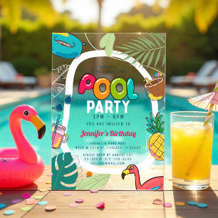 Kleurrijke Pool Party   Zwemmen verjaardag acryl Uitnodigingen