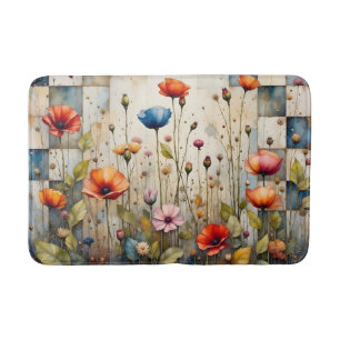 Kleurrijke Poppies Bloemen Rustiek Blauw Patchwork Badmat