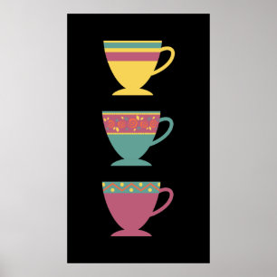 Kleurrijke porseleinen retro thee/koffiekopjes poster