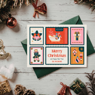 Kleurrijke Postzegels Prettig Kerstfeest Groet Feestdagenkaart