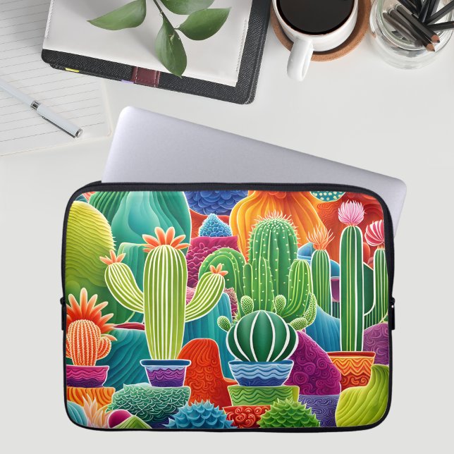 Kleurrijke potcactussen laptop sleeve (Creator heeft geüpload)