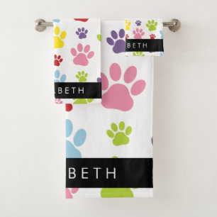 Kleurrijke poten, Paw Pattern, Dog Paws, Jouw naam Bad Handdoek