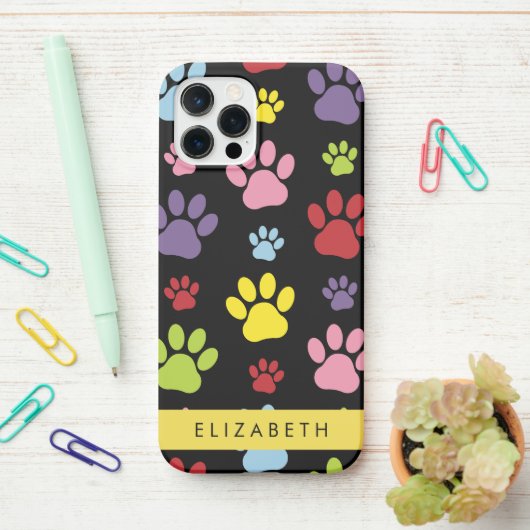 Kleurrijke poten, Paw Pattern, Dog Paws, Jouw naam iPhone Hoesje (Op bureau)