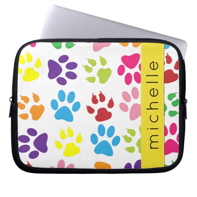 Kleurrijke poten, Paw Pattern, Dog Paws, Jouw naam Laptop Sleeve (Voorkant)