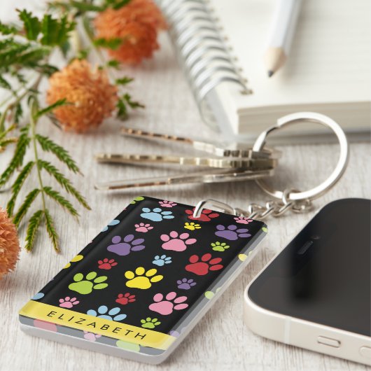 Kleurrijke poten, Paw Pattern, Dog Paws, Jouw naam Sleutelhanger (Voorkant Rechts)