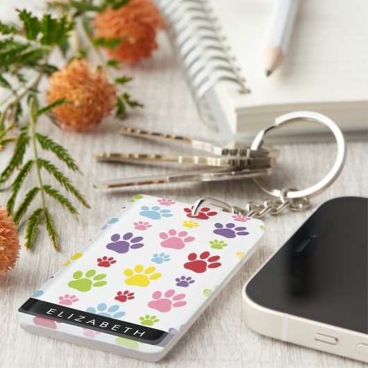 Kleurrijke poten, Paw Pattern, Dog Paws, Jouw naam Sleutelhanger (Voorkant Rechts)