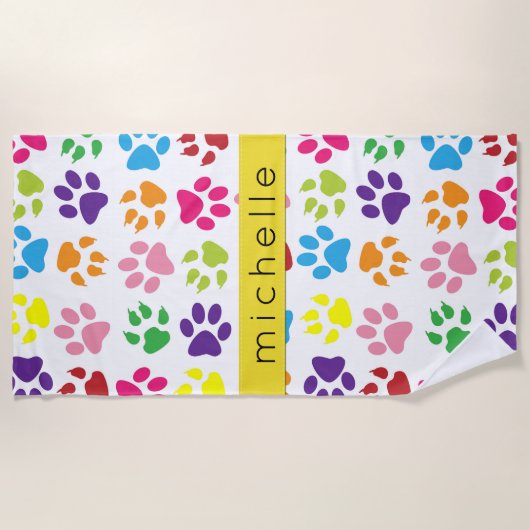 Kleurrijke poten, Paw Pattern, Dog Paws, Jouw naam Strandlaken (Voorkant)