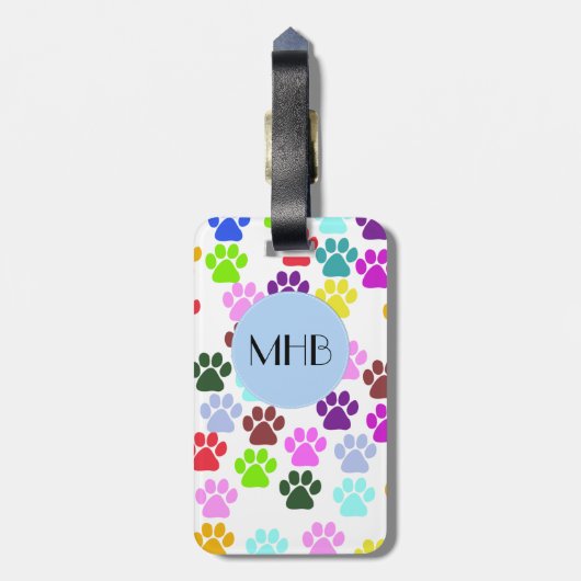 Kleurrijke poten, Paw Pattern, Dog Paws, Monogram Bagagelabel (Achterkant verticaal)