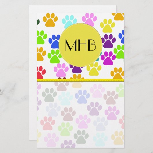 Kleurrijke poten, Paw Pattern, Dog Paws, Monogram Briefpapier (Voorkant / Achterkant)